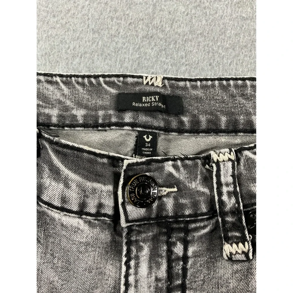 True Religion Ricky Relaxed Straight Gray Acid Wash Denim Cut Off Mens 34 1128